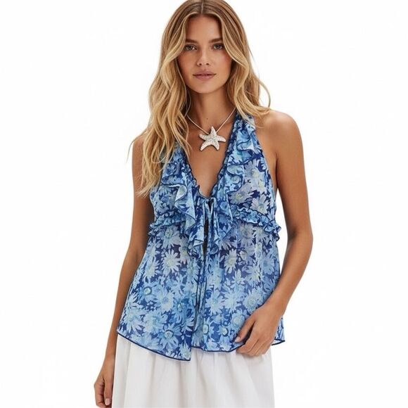 NWT Free People Blue Coastal Combo Ruffle Fearless Knit Tank Top - Picture 1 of 8